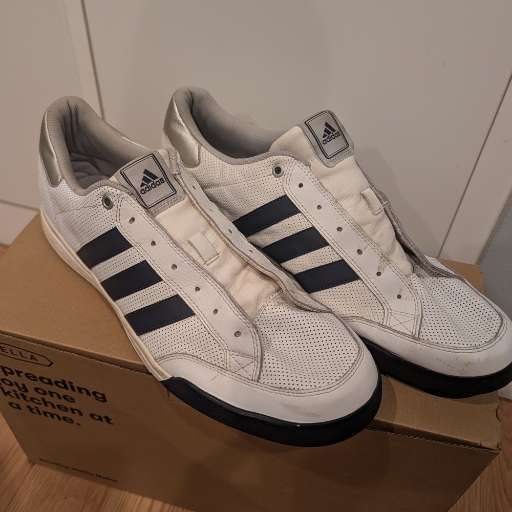 adidas White Sneakers with Black Stripes and Silver Accents